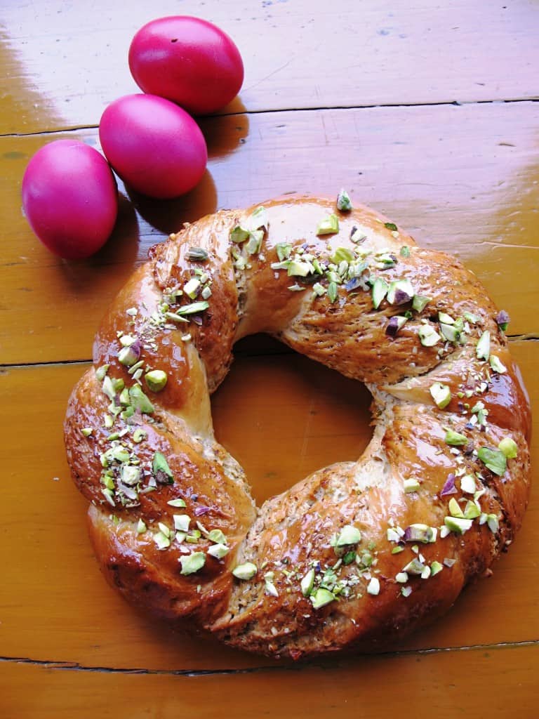 Easter Bread Wreath with Chopped Pistachios, Hard Boiled Eggs